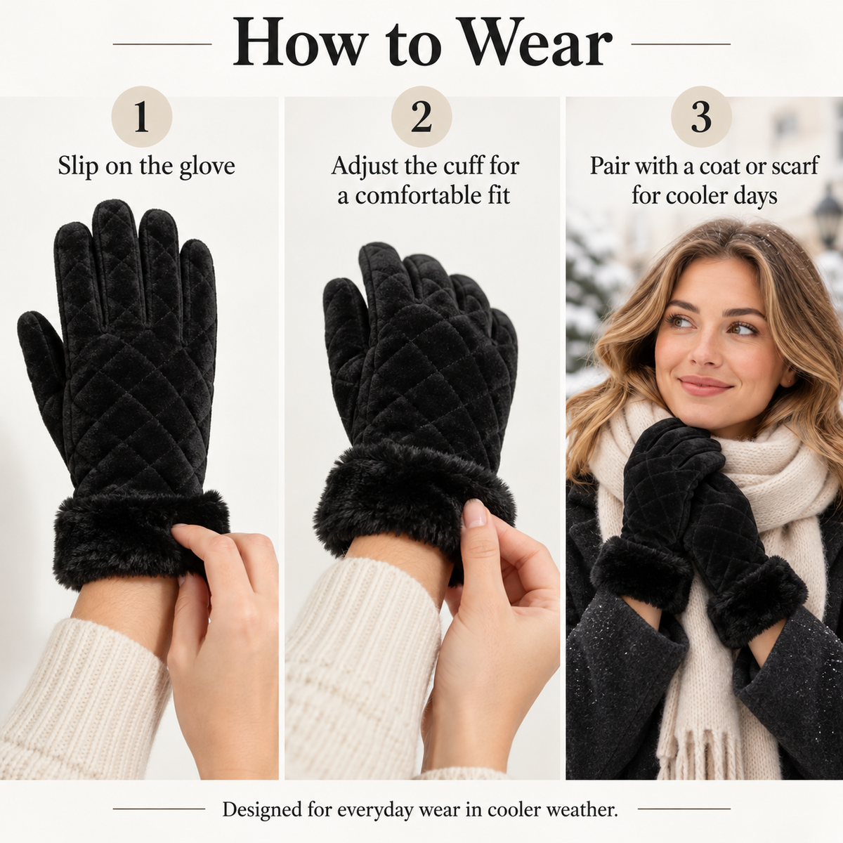 Keepbetterlily® Black Quilted Velvet Winter Gloves