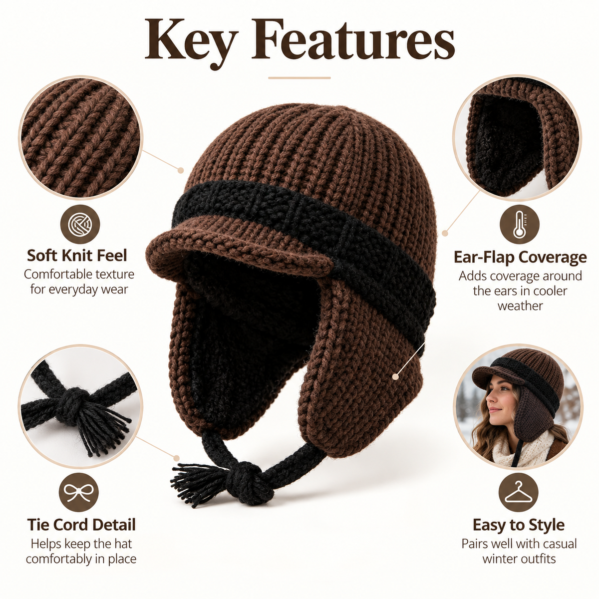 Keepbetterlily® Chunky Knit Ear-Flap Trapper Winter Hat