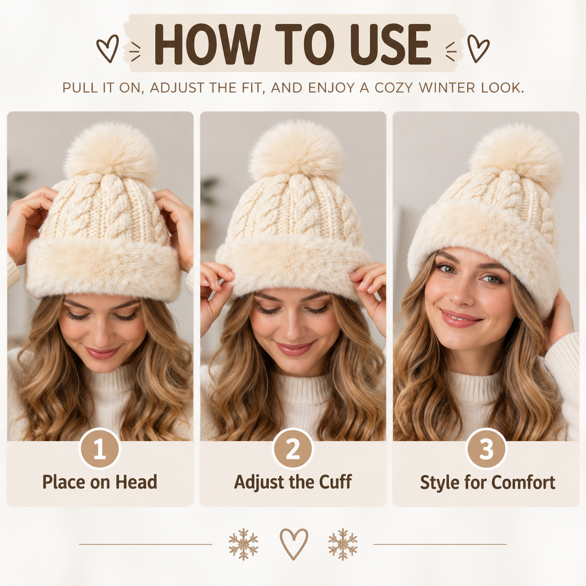 Keepbetterlily®  Soft Faux‑Fur Cable Knit Pom‑Pom Beanie