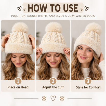 Keepbetterlily®  Soft Faux‑Fur Cable Knit Pom‑Pom Beanie