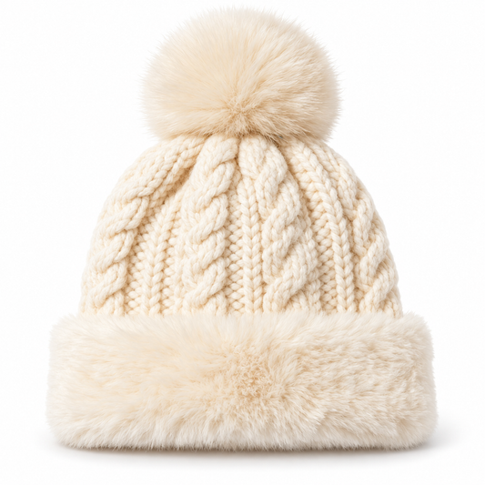 Keepbetterlily®  Soft Faux‑Fur Cable Knit Pom‑Pom Beanie