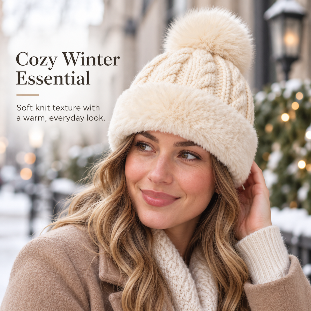 Keepbetterlily®  Soft Faux‑Fur Cable Knit Pom‑Pom Beanie