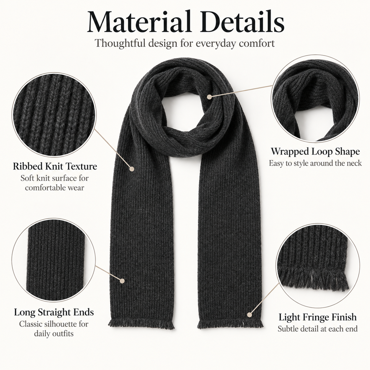 Keepbetterlily® Dark Grey Ribbed Knit Winter Scarf