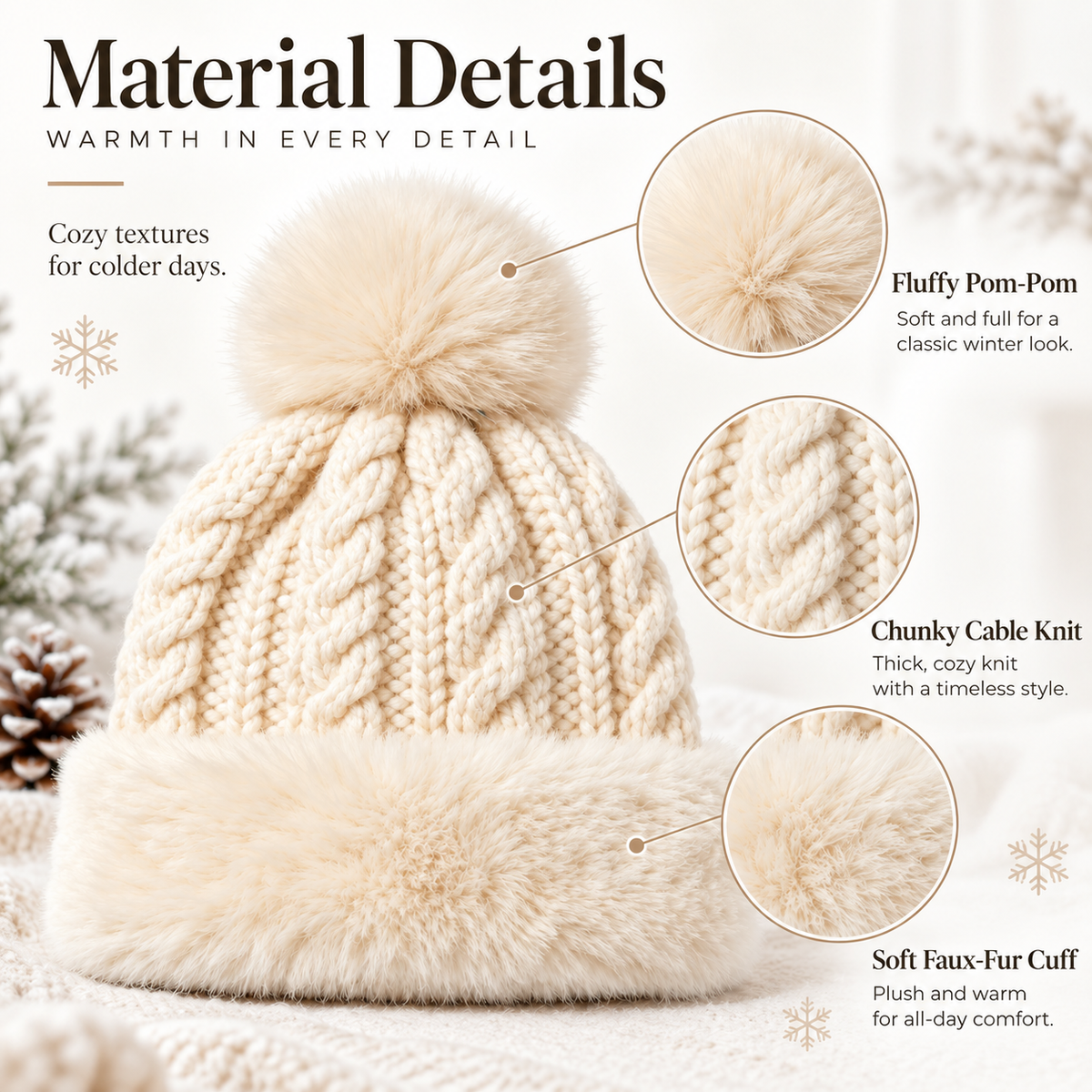 Keepbetterlily®  Soft Faux‑Fur Cable Knit Pom‑Pom Beanie