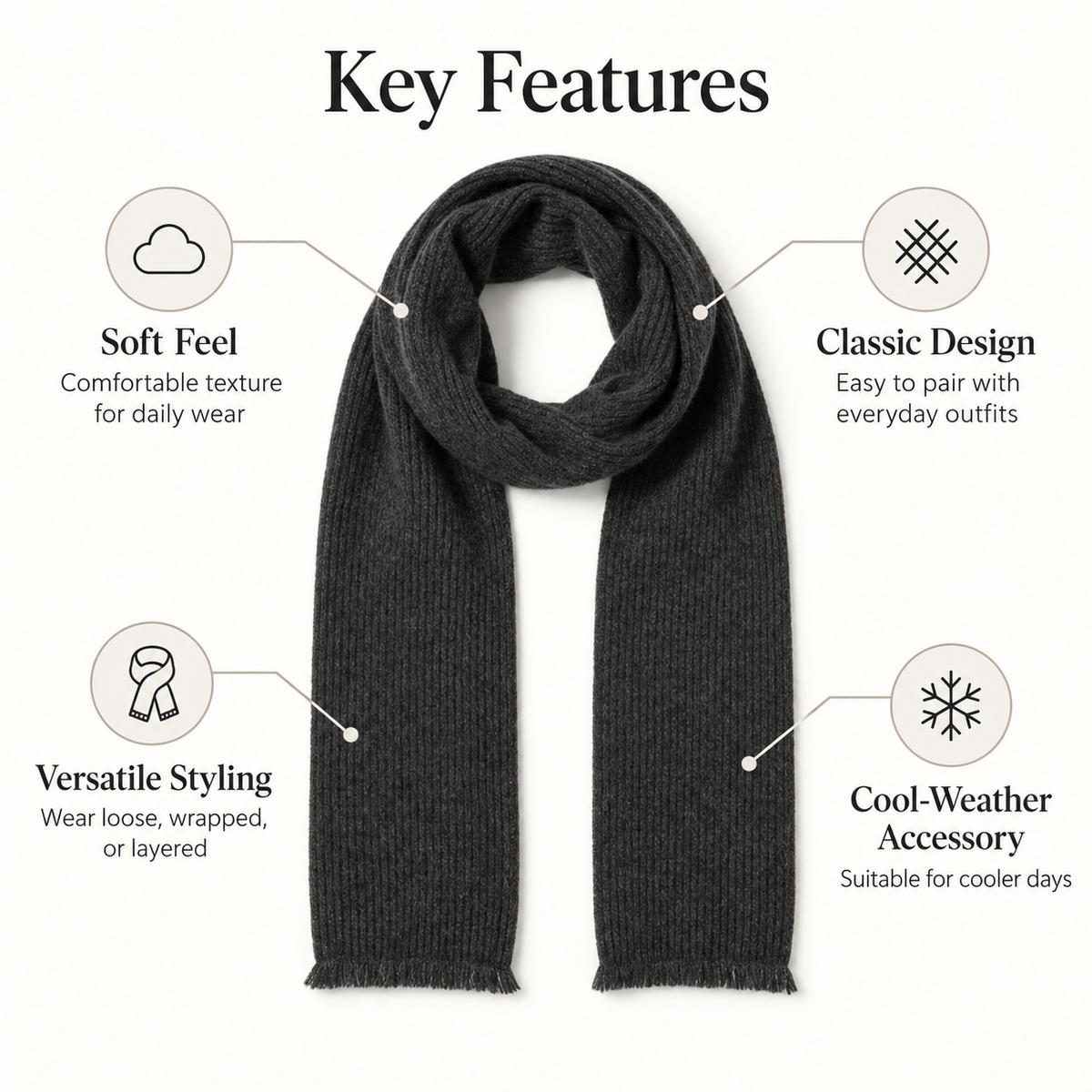 Keepbetterlily® Dark Grey Ribbed Knit Winter Scarf