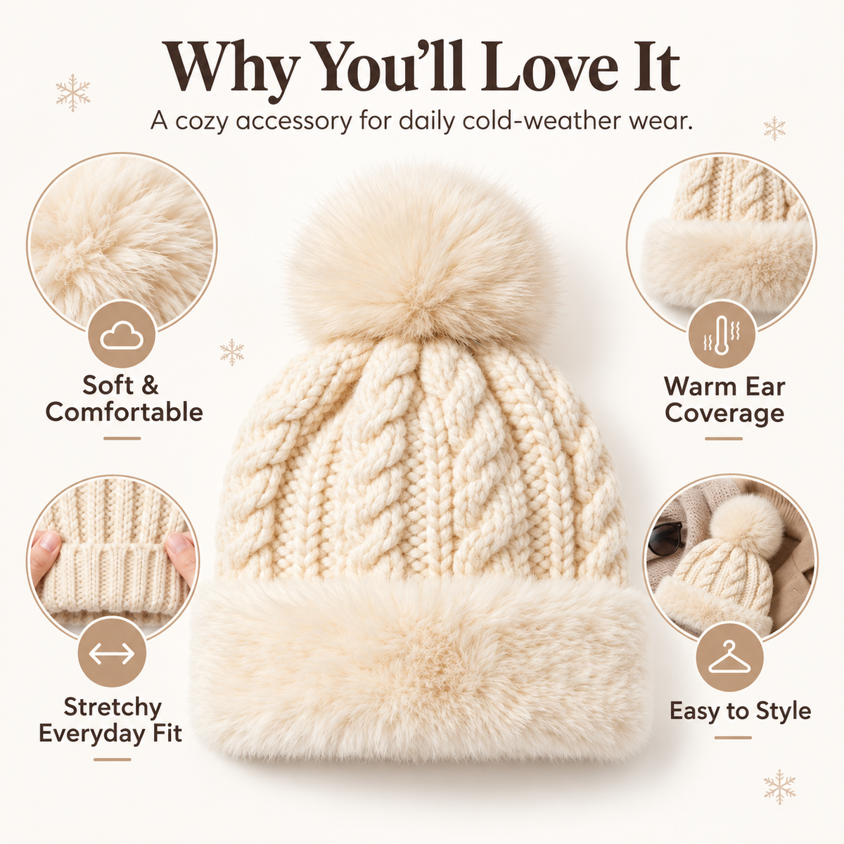 Keepbetterlily®  Soft Faux‑Fur Cable Knit Pom‑Pom Beanie