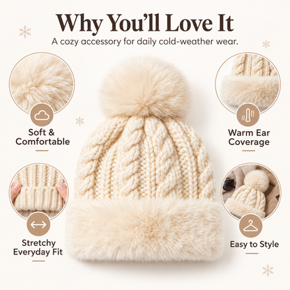 Keepbetterlily®  Soft Faux‑Fur Cable Knit Pom‑Pom Beanie