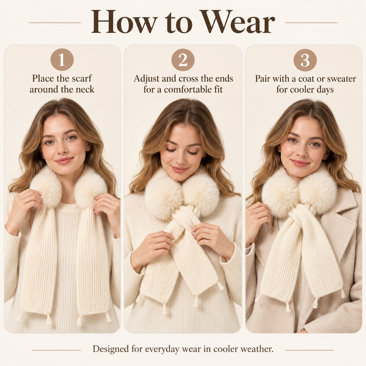 Keepbetterlily® Cream Knit Scarf with Faux‑Fur Pom‑Poms