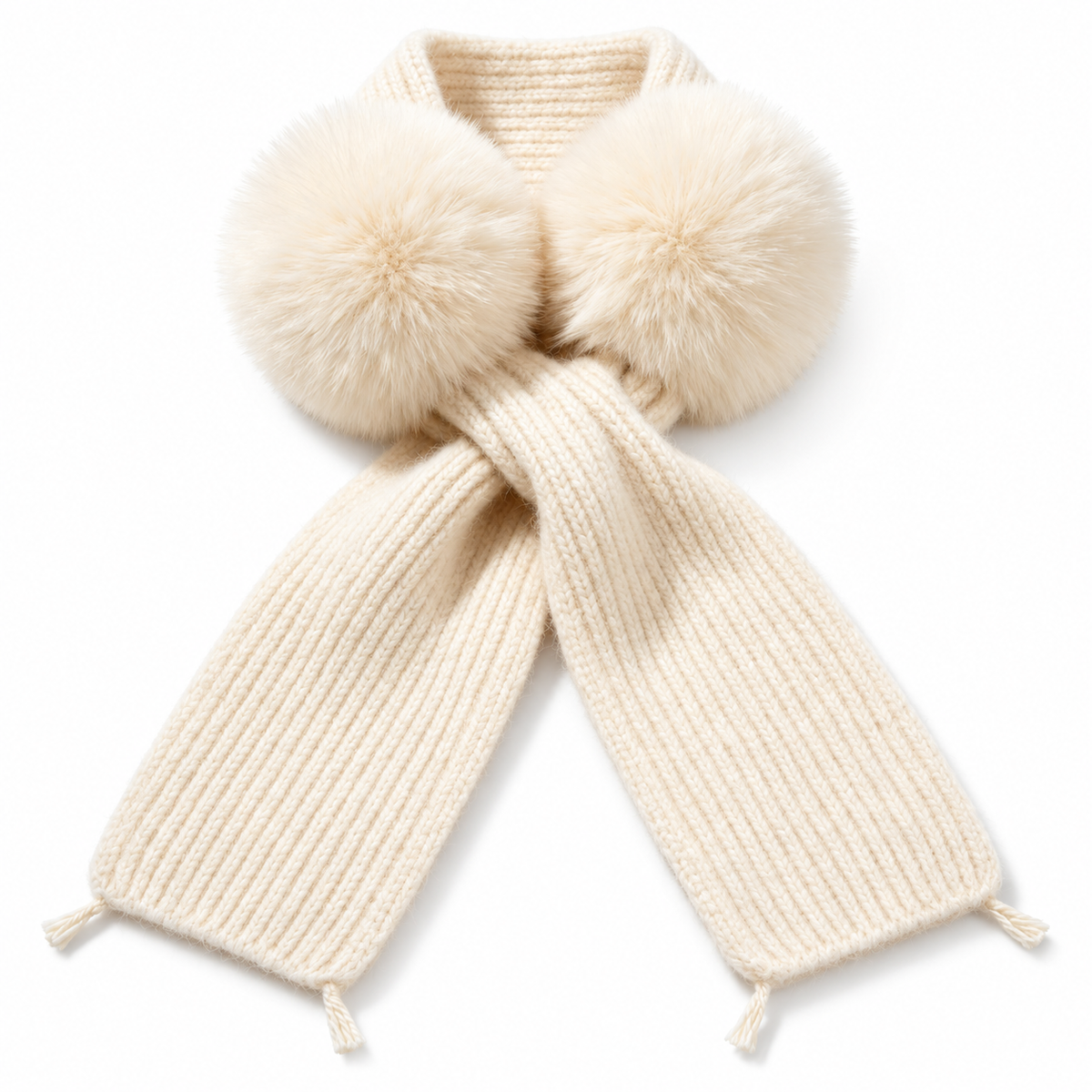 Keepbetterlily® Cream Knit Scarf with Faux‑Fur Pom‑Poms