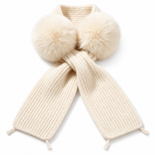 Keepbetterlily® Cream Knit Scarf with Faux‑Fur Pom‑Poms