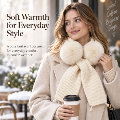 Keepbetterlily® Cream Knit Scarf with Faux‑Fur Pom‑Poms