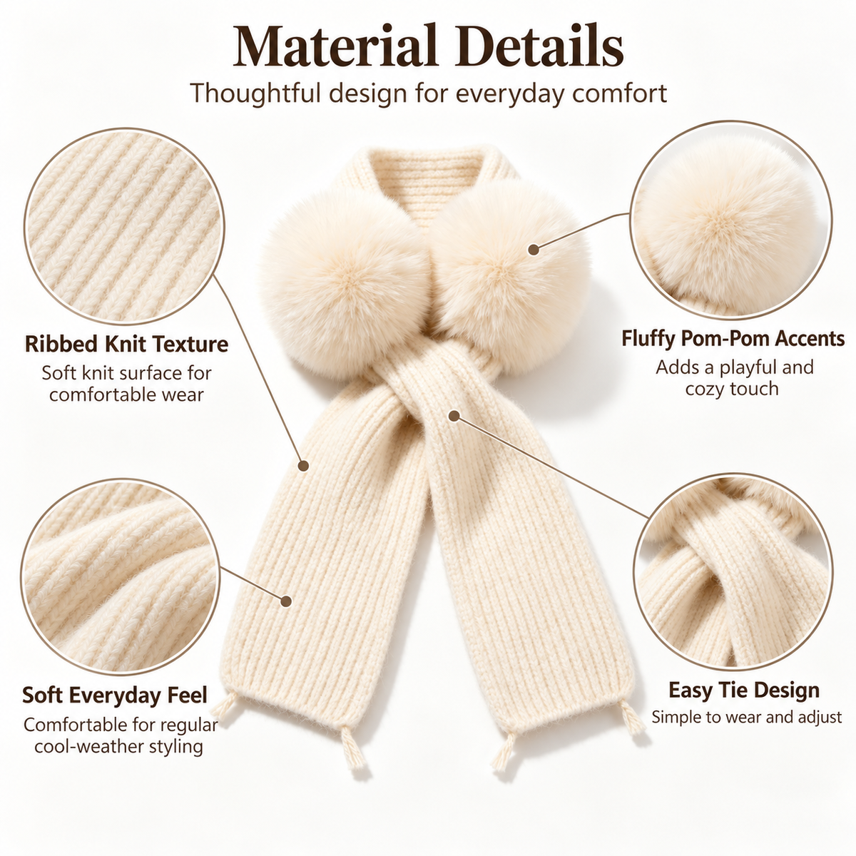 Keepbetterlily® Cream Knit Scarf with Faux‑Fur Pom‑Poms