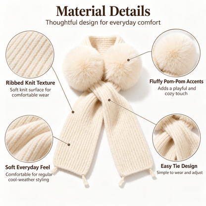 Keepbetterlily® Cream Knit Scarf with Faux‑Fur Pom‑Poms