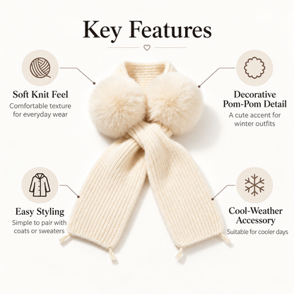 Keepbetterlily® Cream Knit Scarf with Faux‑Fur Pom‑Poms