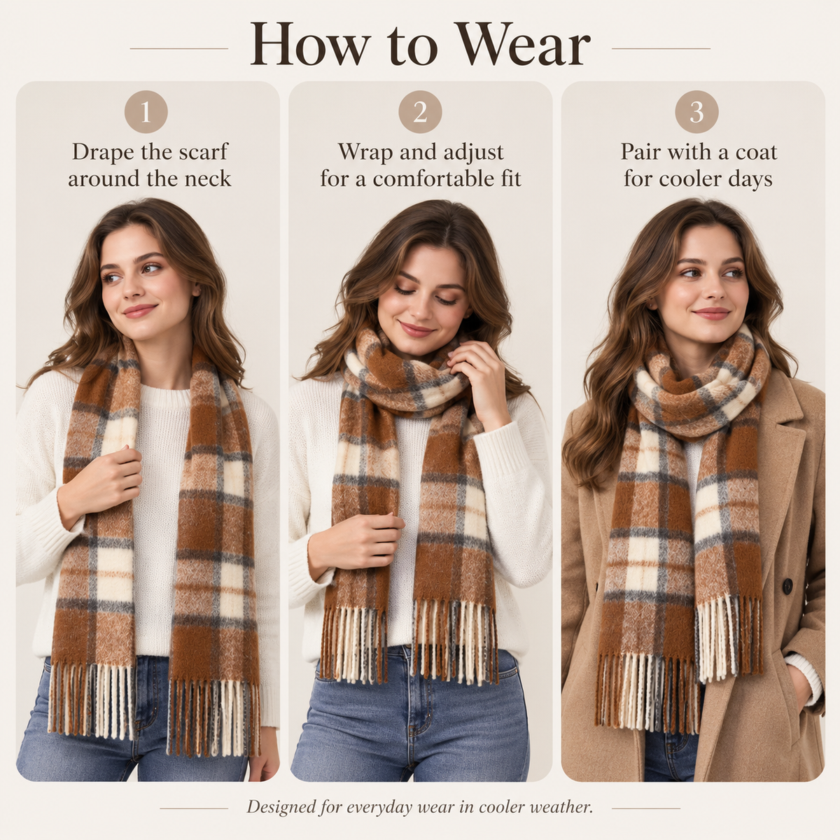 Keepbetterlily® Brown Cream Plaid Fringed Winter Scarf