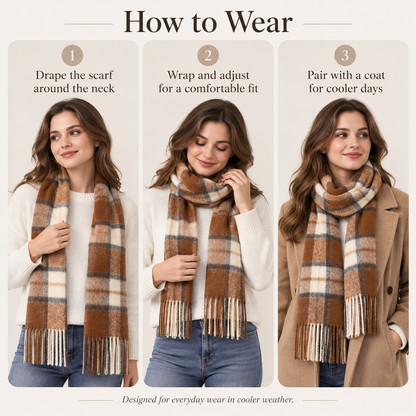 Keepbetterlily® Brown Cream Plaid Fringed Winter Scarf