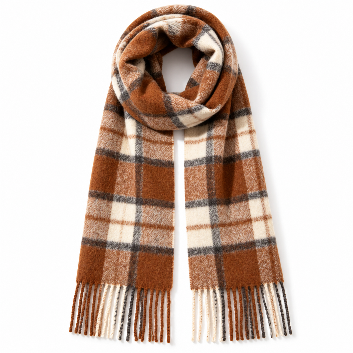 Keepbetterlily® Brown Cream Plaid Fringed Winter Scarf