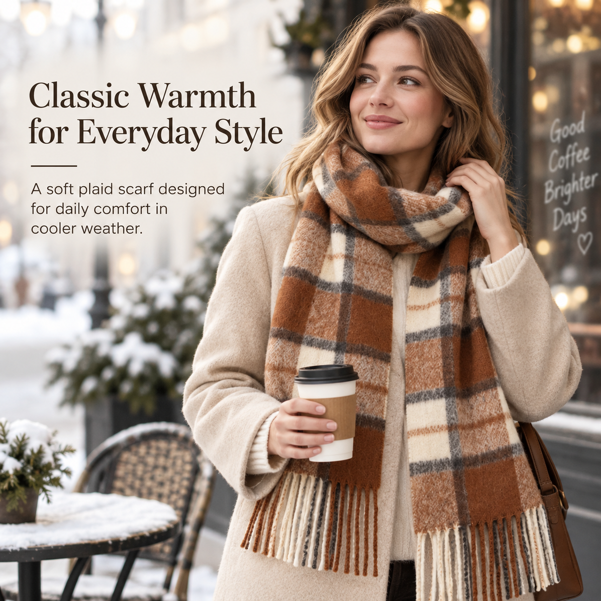 Keepbetterlily® Brown Cream Plaid Fringed Winter Scarf