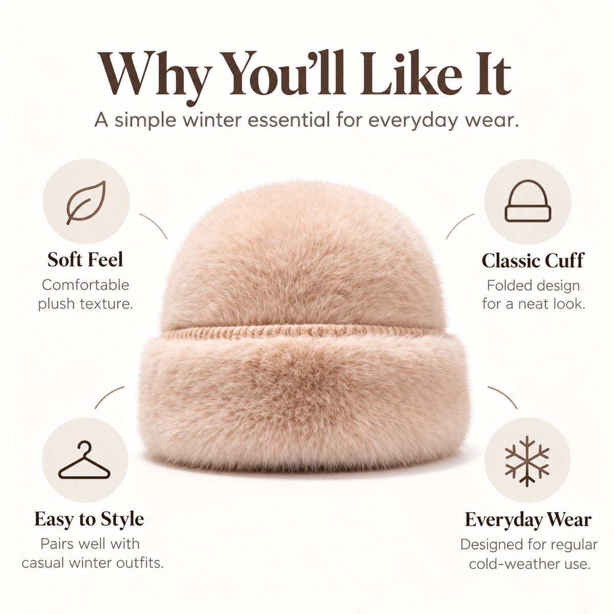 Keepbetterlily®  Soft Faux‑Fur Folded‑Cuff Winter Beanie