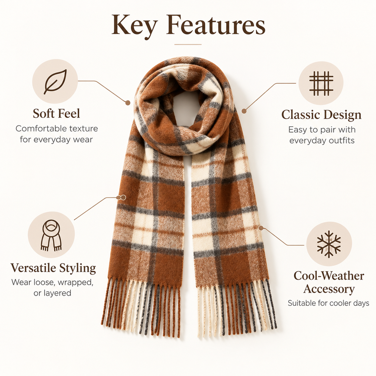 Keepbetterlily® Brown Cream Plaid Fringed Winter Scarf