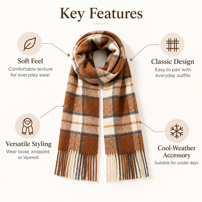 Keepbetterlily® Brown Cream Plaid Fringed Winter Scarf