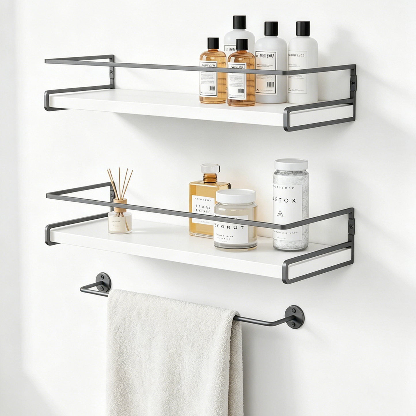 Bathroom Floating Wall Shelves – Over Toilet Storage Organizer with Towel Bar for Modern Spa-Like Spaces