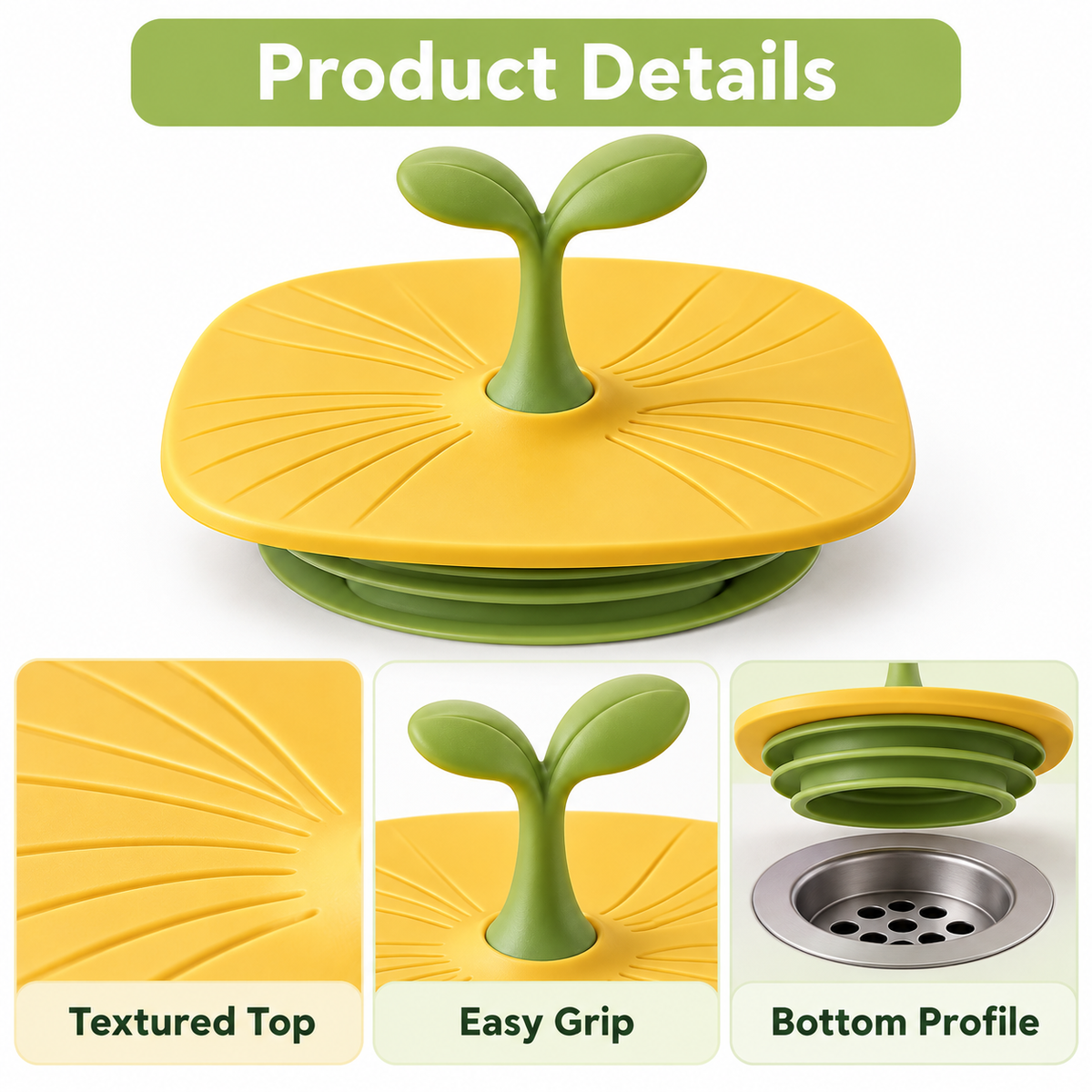 Keepbetterlily Yellow Drain Cover with Green Sprout Handle