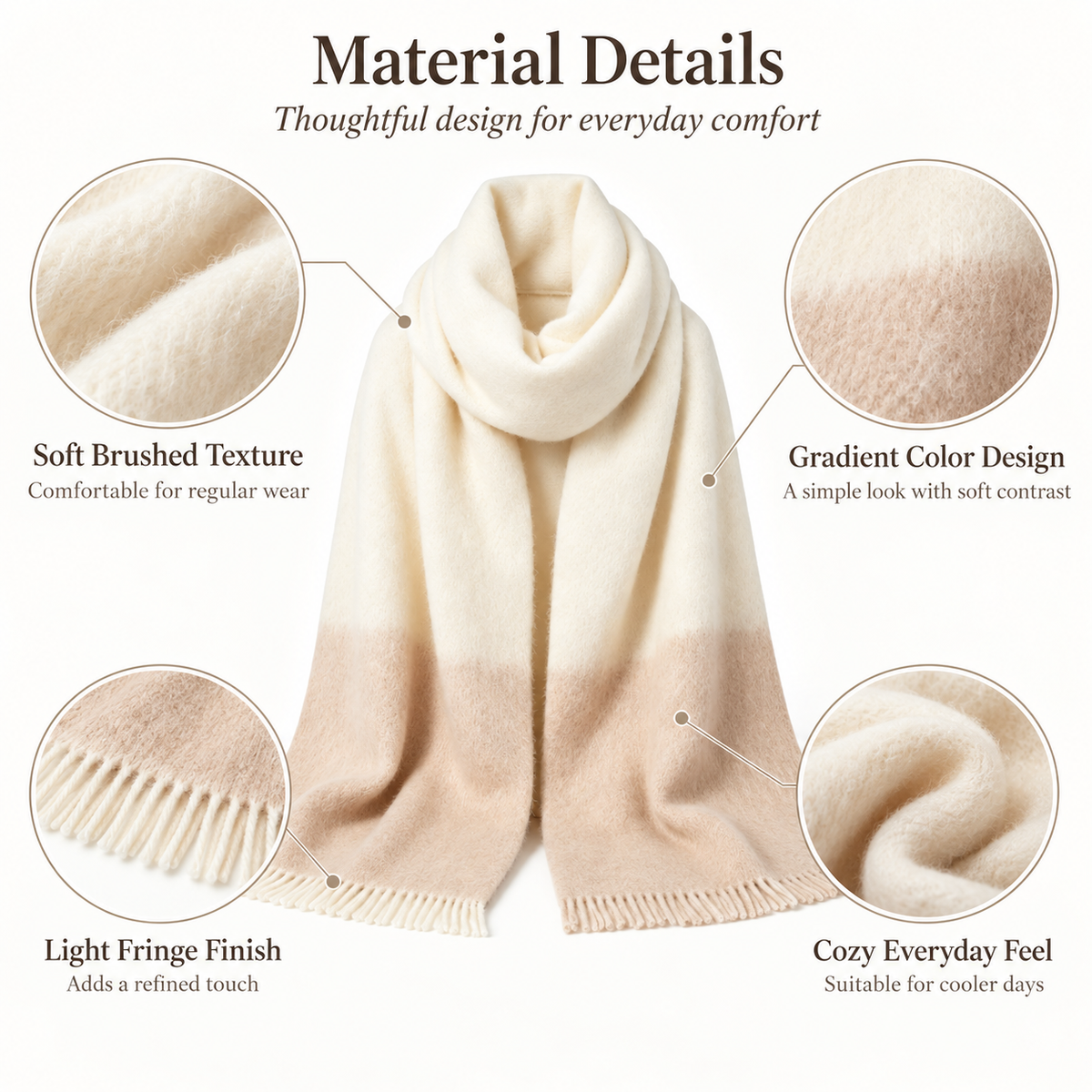 Keepbetterlily® Cream Beige Gradient Fringed Winter Scarf