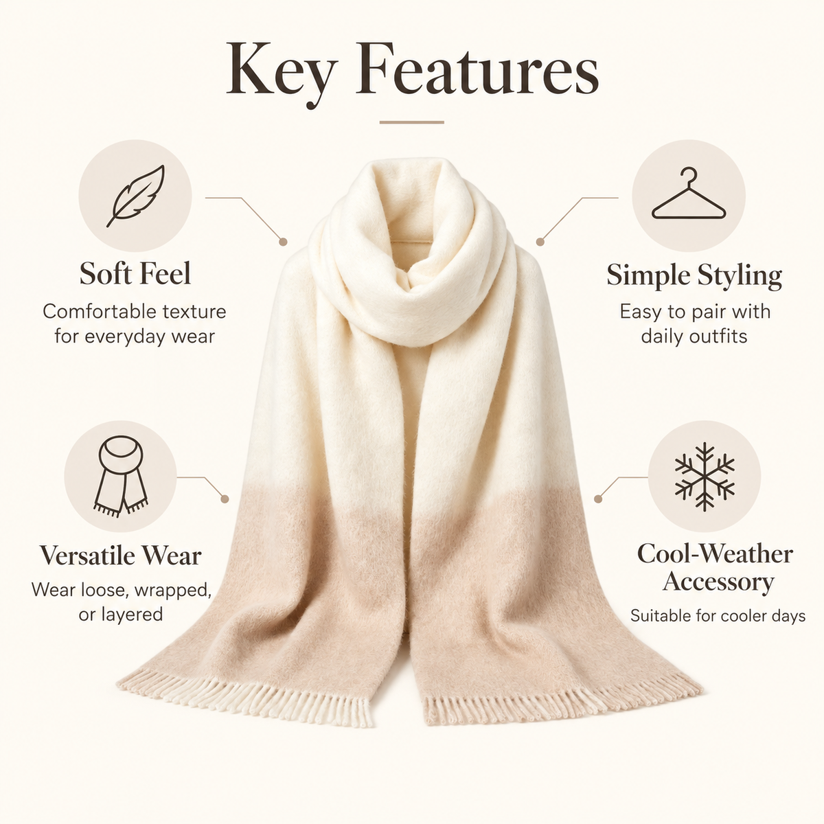 Keepbetterlily® Cream Beige Gradient Fringed Winter Scarf