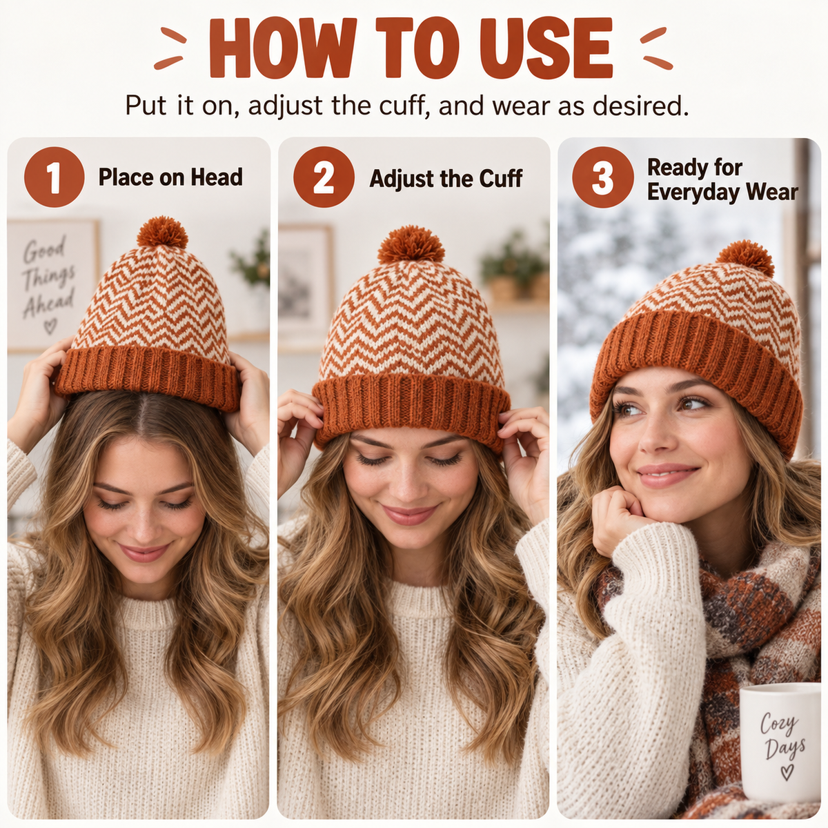 Keepbetterlily®  Cuffed Ribbed Patterned Women Knit Beanie