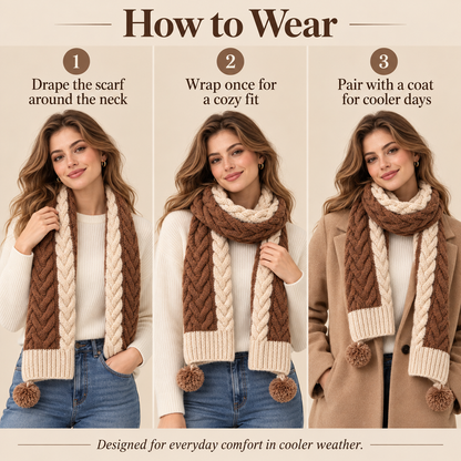 Keepbetterlily® Brown Cream Cable-Knit Pom-Pom Scarf