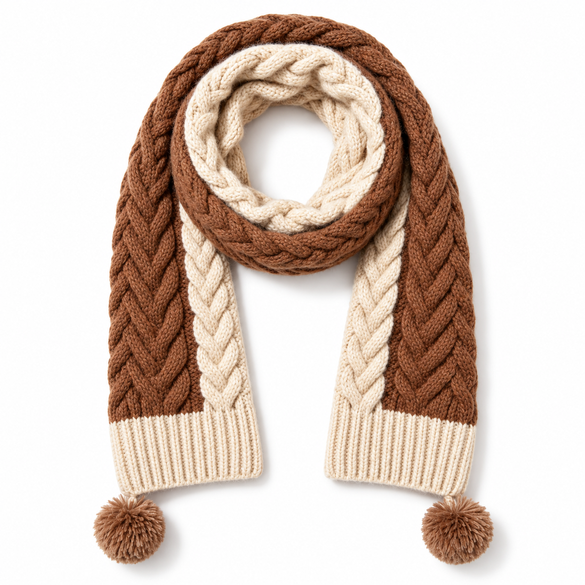 Keepbetterlily® Brown Cream Cable-Knit Pom-Pom Scarf
