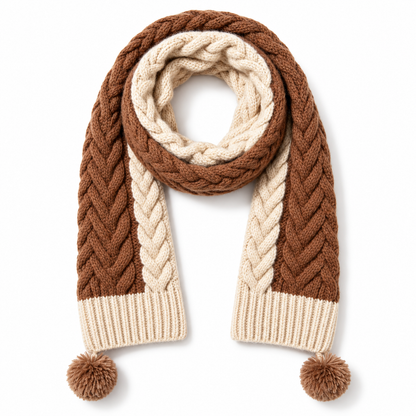 Keepbetterlily® Brown Cream Cable-Knit Pom-Pom Scarf