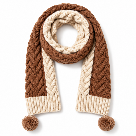 Keepbetterlily® Brown Cream Cable-Knit Pom-Pom Scarf