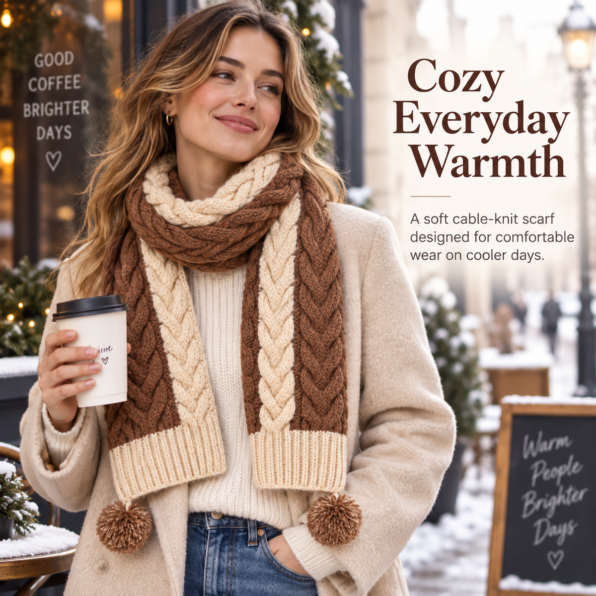 Keepbetterlily® Brown Cream Cable-Knit Pom-Pom Scarf