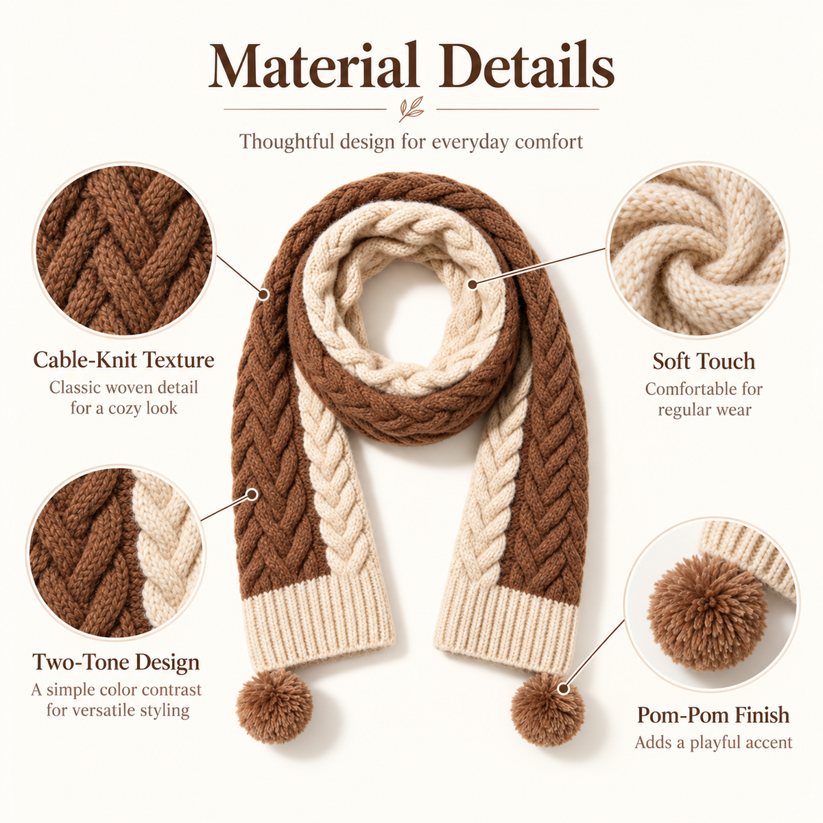 Keepbetterlily® Brown Cream Cable-Knit Pom-Pom Scarf