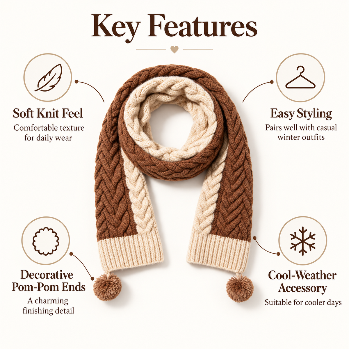 Keepbetterlily® Brown Cream Cable-Knit Pom-Pom Scarf