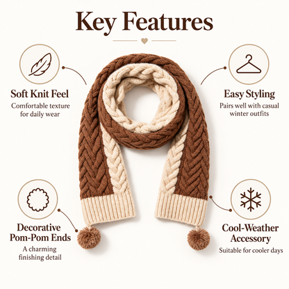 Keepbetterlily® Brown Cream Cable-Knit Pom-Pom Scarf