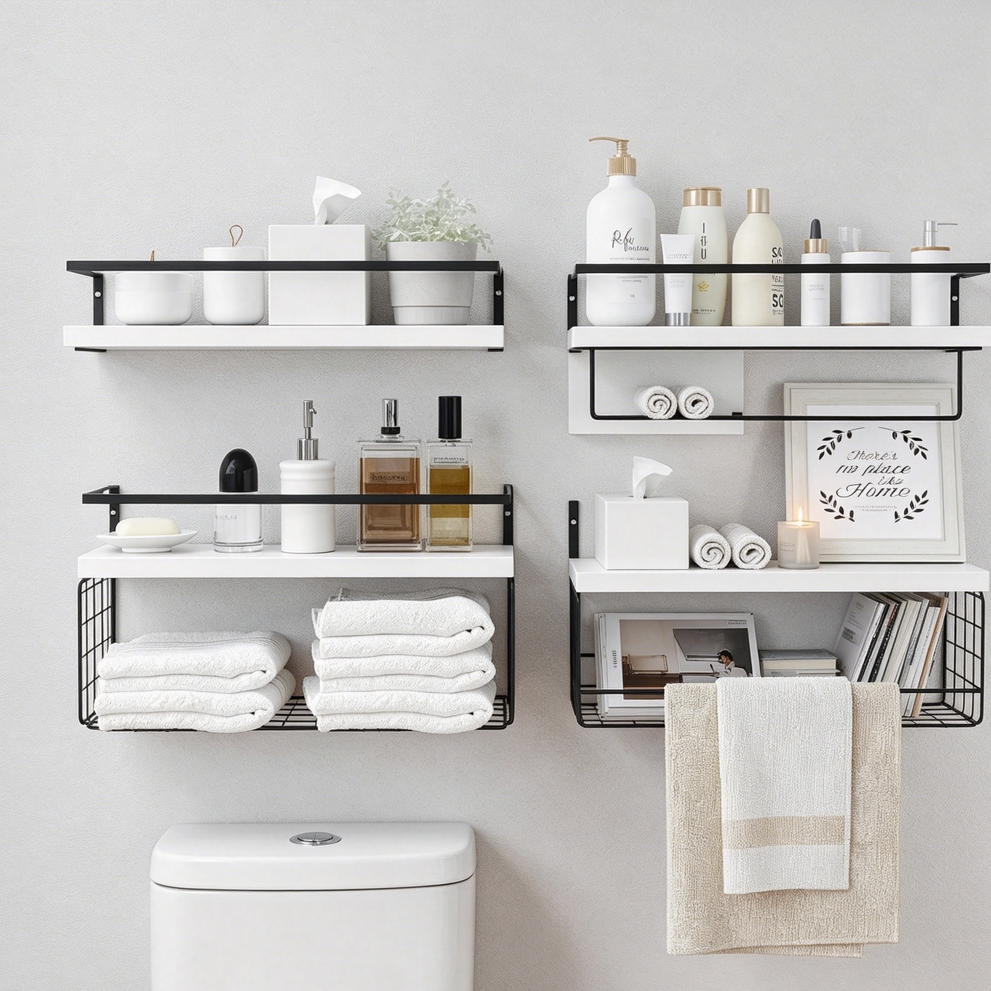Bathroom Floating Wall Shelves – Over Toilet Storage Organizer with Towel Bar for Modern Spa-Like Spaces