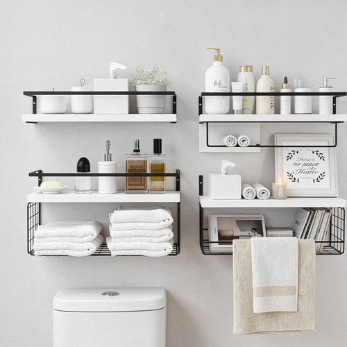 Bathroom Floating Wall Shelves – Over Toilet Storage Organizer with Towel Bar for Modern Spa-Like Spaces
