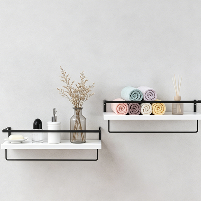 Bathroom Floating Wall Shelves – Over Toilet Storage Organizer with Towel Bar for Modern Spa-Like Spaces