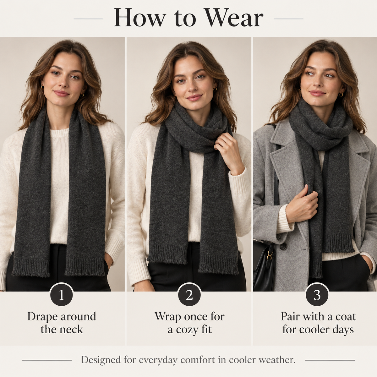 Keepbetterlily®  Dark Grey Solid Knit Fringed Winter Scarf