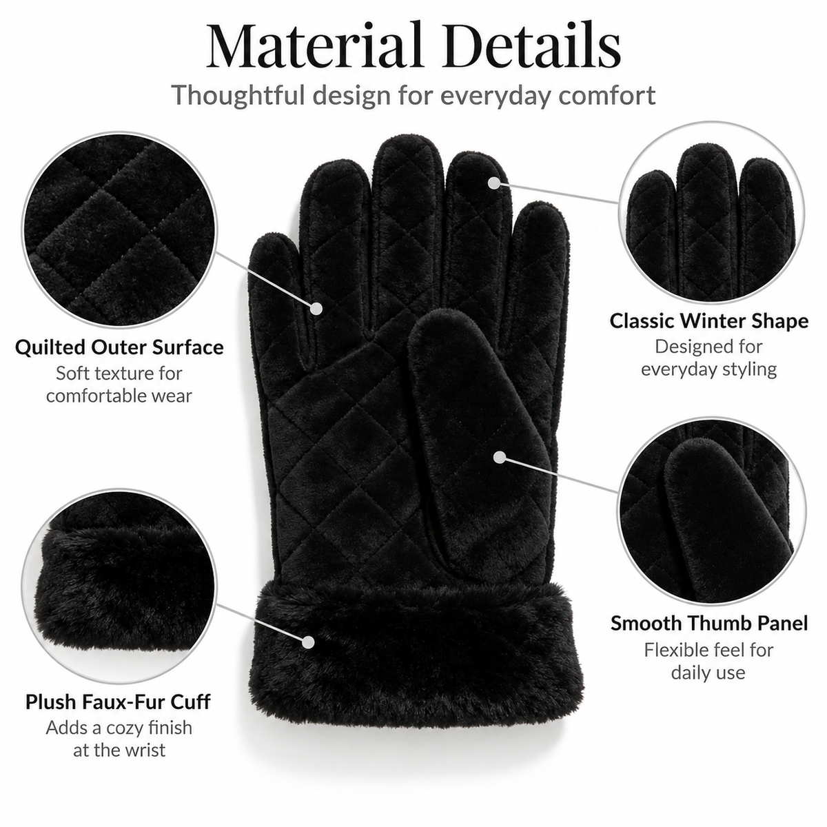 Keepbetterlily® Black Quilted Velvet Winter Gloves