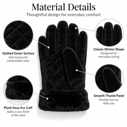 Keepbetterlily® Black Quilted Velvet Winter Gloves