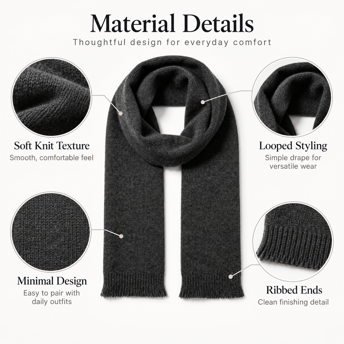 Keepbetterlily®  Dark Grey Solid Knit Fringed Winter Scarf