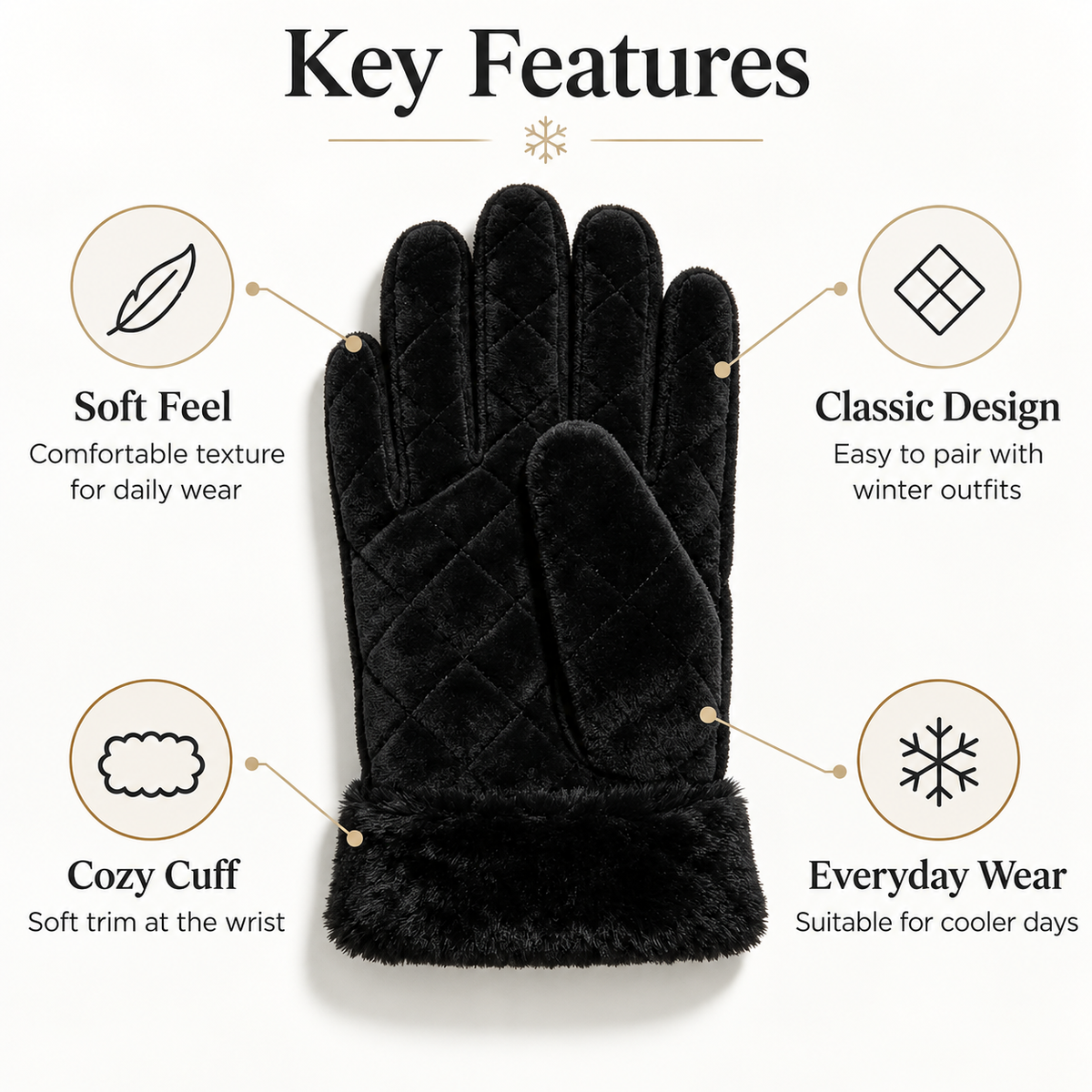 Keepbetterlily® Black Quilted Velvet Winter Gloves