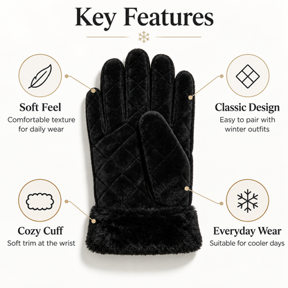 Keepbetterlily® Black Quilted Velvet Winter Gloves