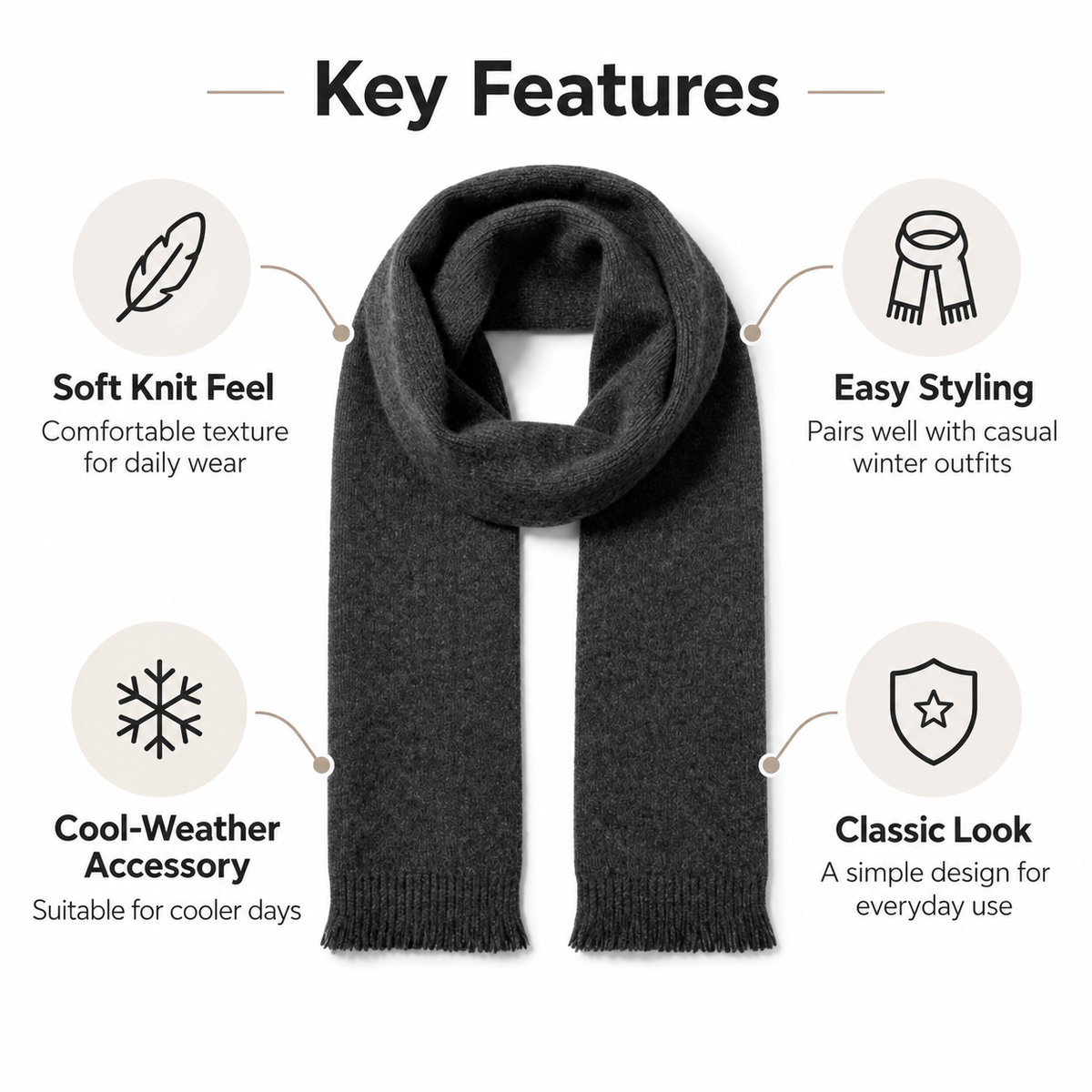 Keepbetterlily®  Dark Grey Solid Knit Fringed Winter Scarf