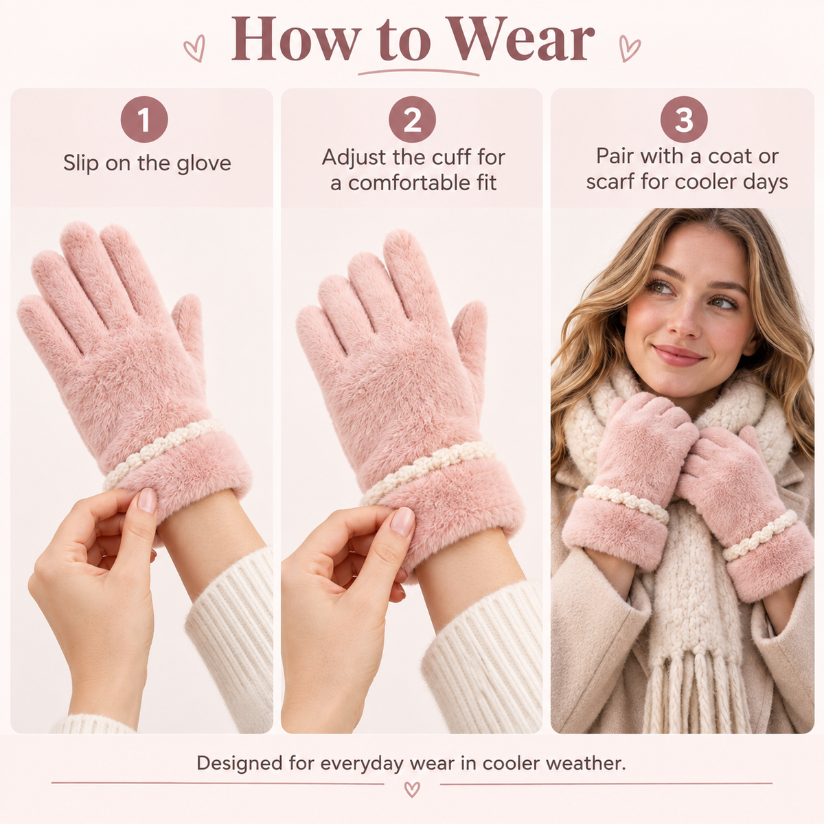 Keepbetterlily® Pink Plush Winter Gloves with Braided Trim