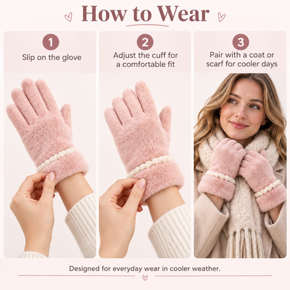 Keepbetterlily® Pink Plush Winter Gloves with Braided Trim